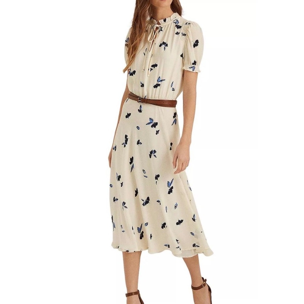Lauren Ralph Lauren Cream Tie Neck Ruffle Midi Dress Size 14